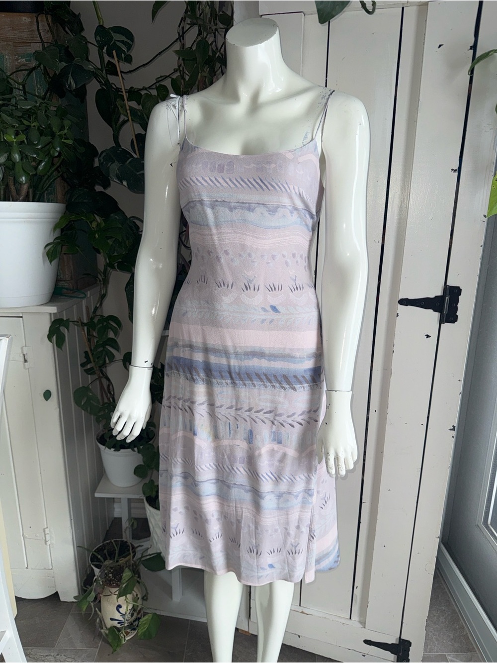 🍄Wilfred Aritzia Affagoto Women’s Strappy Pastel Patterned Midi Dress slit 6